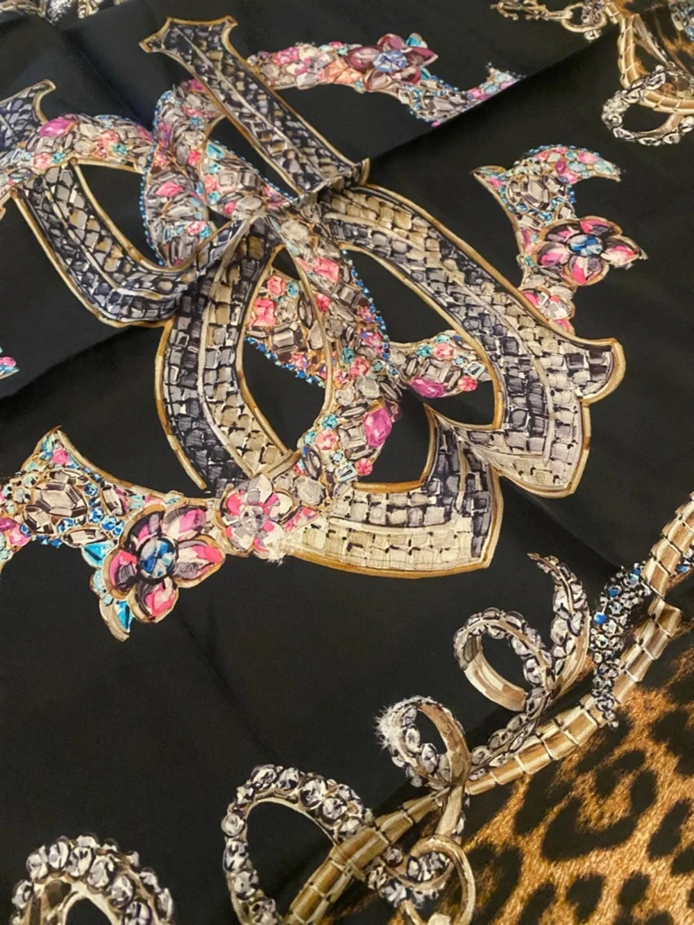 Roberto Cavalli Leopard & Chain Print Silk Scarf in Black and Brown
